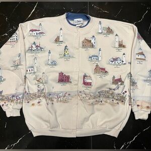 Coastal Lighthouse Print women’s button up Cardigan - Cream